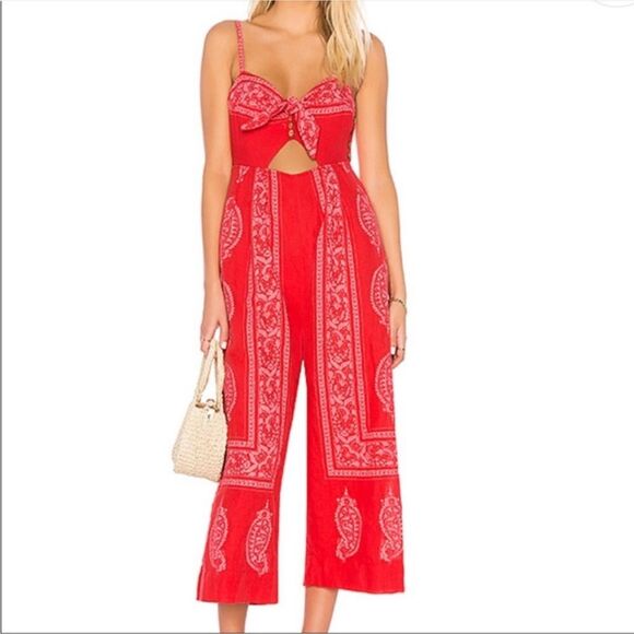 Free People | Pink Red Printed Strappy Jumpsuit OB793522 Sz 0 - Picture 1 of 16
